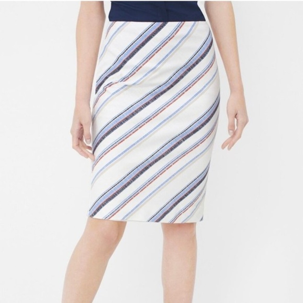 White House Black Market 10 Pencil Diagonal Studded Blue Red Orange Stripe Skirt